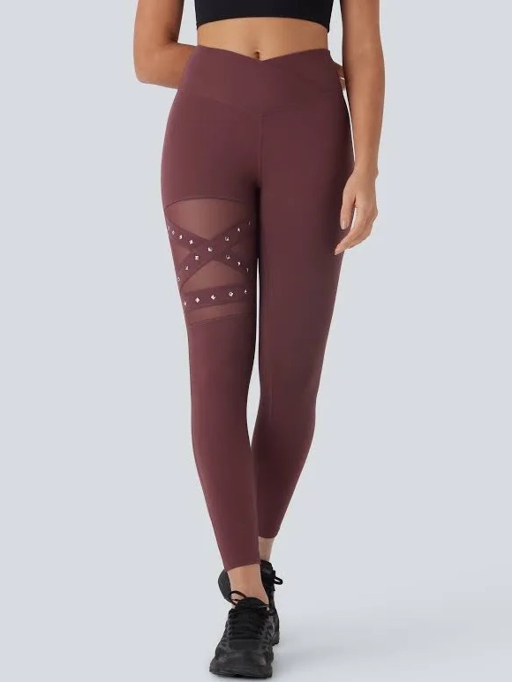 Halara High Waisted Crossover Mesh Studded Yoga Leggings 7/8 Length Burgundy NWT